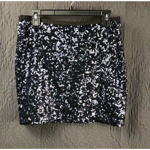 London Jean Silver Sequin Mini Skirt SZ6 Black Polyester Lined Back Zip RN 80763